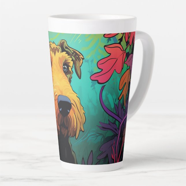 Cartoon Airedale Terrier in a Garden Latte Mug (Right Angle)