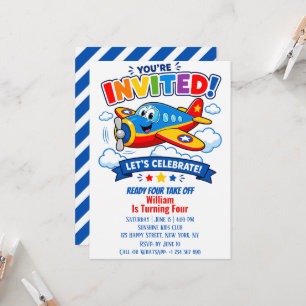 Cartoon Airplane Cute Plane Boy 4th Birthday Invitation