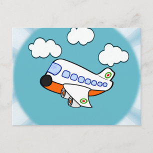 Cartoon Airplane in Clouds with Sunburst Postcard