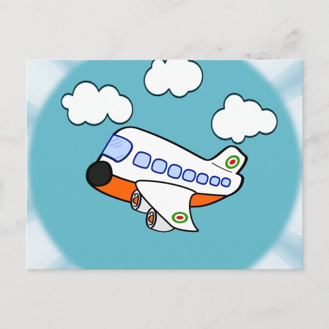 Cartoon Airplane in Clouds with Sunburst Postcard (Front)