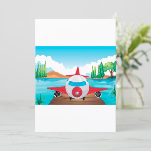 Cartoon Airplane on Lake Dock Fun Travel Adventure Invitation