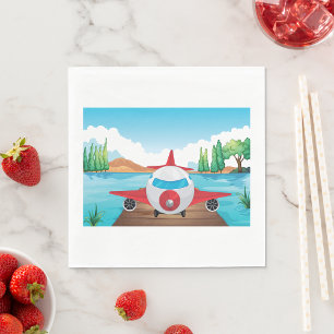 Cartoon Airplane on Lake Dock Fun Travel Adventure Napkin