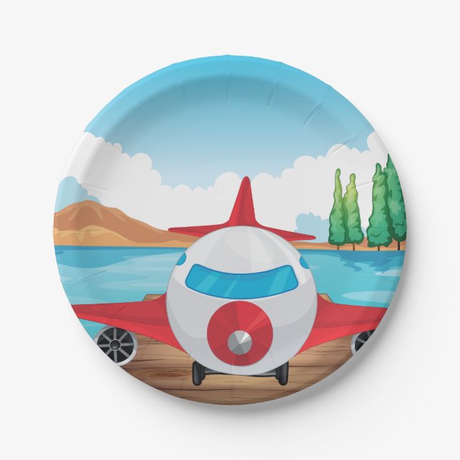 Cartoon Airplane on Lake Dock Fun Travel Adventure Paper Plate (Front)