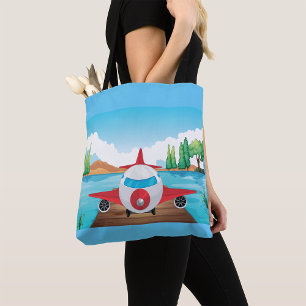 Cartoon Airplane on Lake Dock Fun Travel Adventure Tote Bag