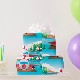 Cartoon Airplane on Lake Dock Fun Travel Adventure Wrapping Paper