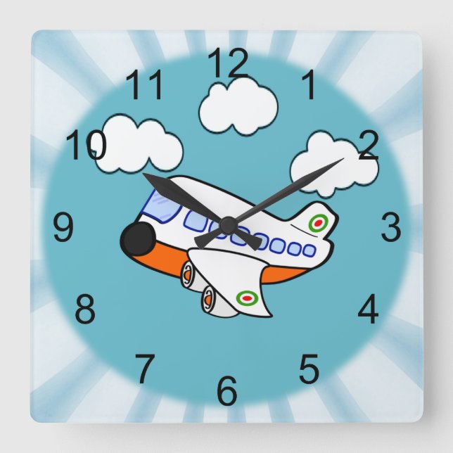 Cartoon Airplane Square Wall Clock (Front)