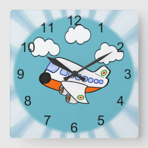 Cartoon Airplane Square Wall Clock
