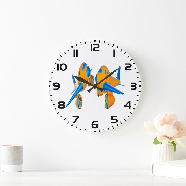 Cartoon Airplanes Vibrant Orange and Blue  Large Clock (Creator Uploaded)