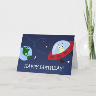 Cartoon alien with spaceship Happy Birthday card