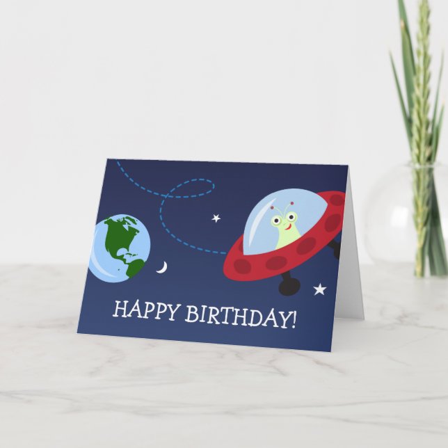 Cartoon alien with spaceship Happy Birthday card (Front)