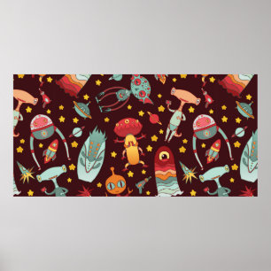 Cartoon aliens vintage seamless pattern. poster