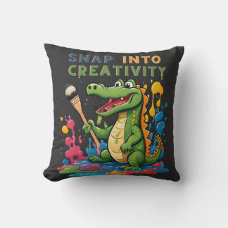 Cartoon alligator painting - snap into creativity throw pillow