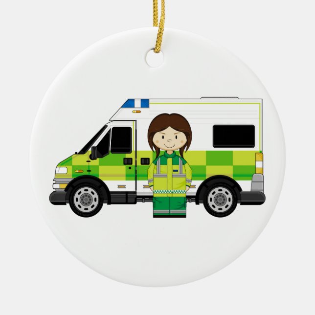 Cartoon Ambulance and EMT Ceramic Ornament (Front)