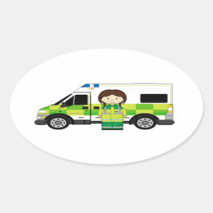 Cartoon Ambulance and EMT Oval Sticker