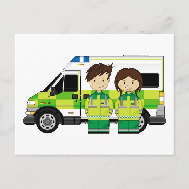 Cartoon Ambulance and EMT's Postcard (Front)