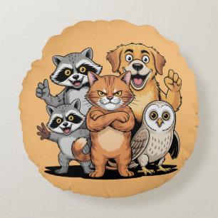 Cartoon Animal Friends Team Illustration Round Pillow