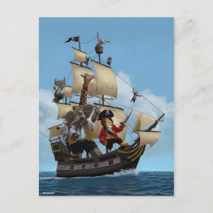 Cartoon Animal Pirate Ship Postcard