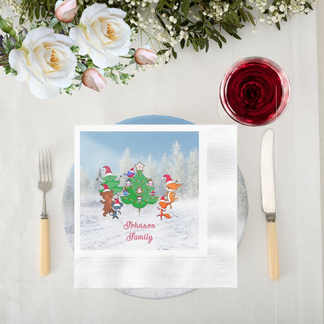 Cartoon Animals Dancing Around the Christmas Tree Napkin (Cartoon Animals Dancing Around the Christmas Tree Paper Napkins)