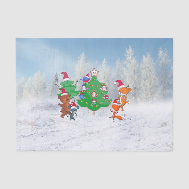 Cartoon Animals Dancing Around the Christmas Tree Tissue Paper (Front)