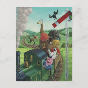 cartoon animals enjoying a train journey postcard