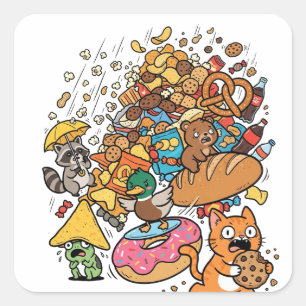 Cartoon animals with falling snacks isolated on wh square sticker
