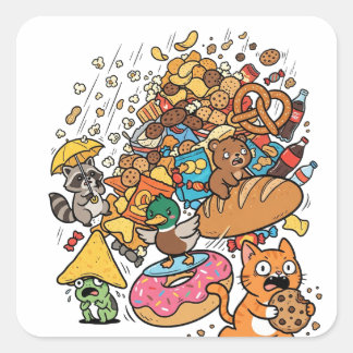 Cartoon animals with falling snacks isolated on wh square sticker