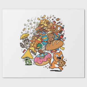 Cartoon animals with falling snacks isolated on wh wrapping paper