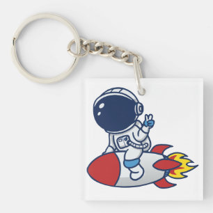 Cartoon Astronaut Riding a Rocket Illustration Keychain