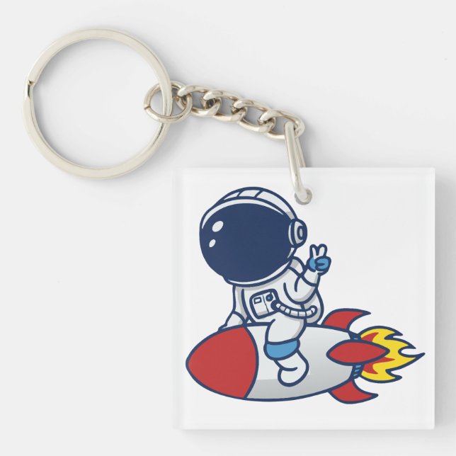 Cartoon Astronaut Riding a Rocket Illustration Keychain (Front)