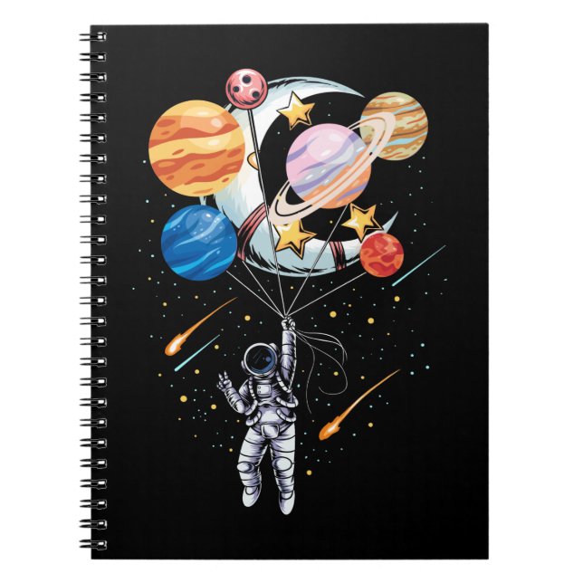 Cartoon Astronaut Space Balloon Planets Notebook (Front)