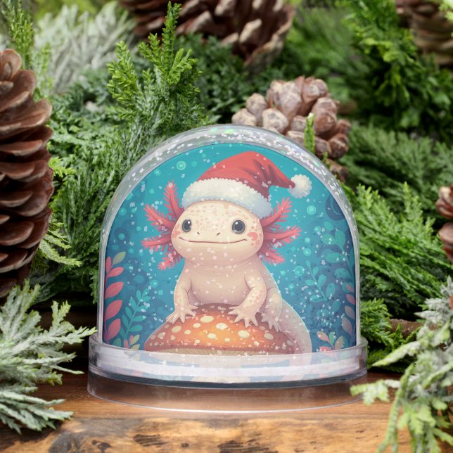 Cartoon Axolotl in Santa Hat Christmas Snow Globe (Winter)