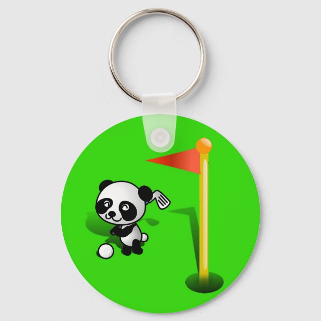 Cartoon Baby Panda Bear Golfing on the Green Keychain (Front)