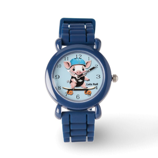 Cartoon Baby Pig Riding A Skateboard Lets Roll, Watch (Front)