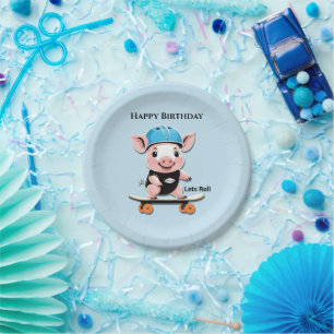 Cartoon Baby Pig Skateboarding Lets Roll, Birthday Paper Plate