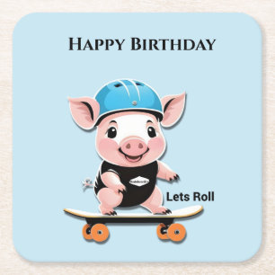 Cartoon Baby Pig Skateboarding Lets Roll, Birthday Square Paper Coaster