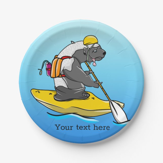 Cartoon badger in a kayak paper plate (Front)