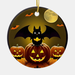 Cartoon Bat and Pumpkins Under Full Moon Ceramic Ornament