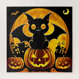 Cartoon Bat and Pumpkins Under Full Moon Jigsaw Puzzle