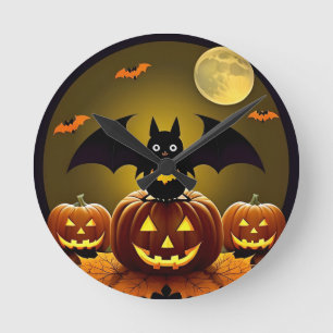 Cartoon Bat and Pumpkins Under Full Moon Round Clock