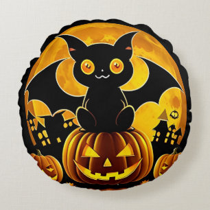 Cartoon Bat and Pumpkins Under Full Moon Round Pillow