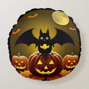 Cartoon Bat and Pumpkins Under Full Moon Round Pillow