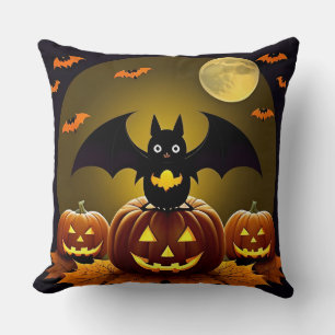Cartoon Bat and Pumpkins Under Full Moon Throw Pillow