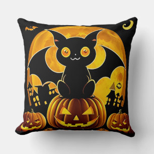 Cartoon Bat and Pumpkins Under Full Moon Throw Pillow