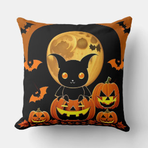 Cartoon Bat and Pumpkins Under Full Moon Throw Pillow