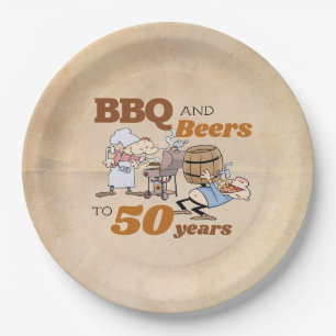 Cartoon BBQ And Beers 50th Birthday Rustic Paper Plate
