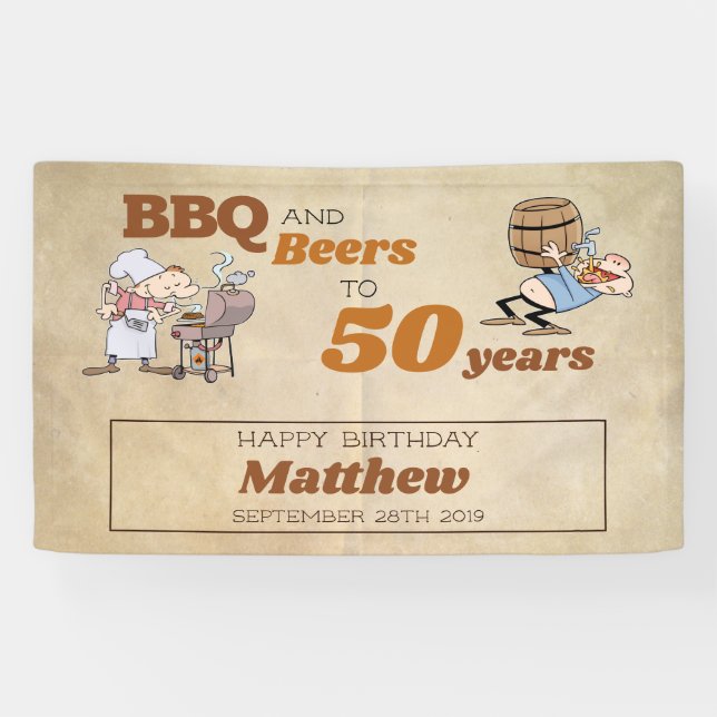 Cartoon BBQ And Beers 50th Birthday Rustic Theme Banner (Horizontal)