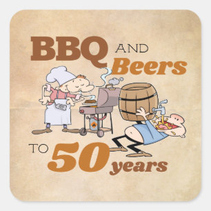 Cartoon BBQ And Beers 50th Birthday Rustic Theme Square Sticker