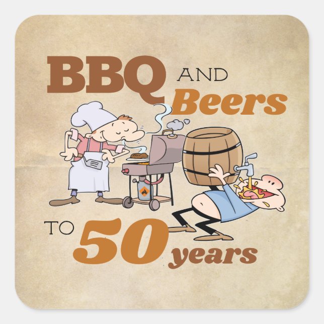 Cartoon BBQ And Beers 50th Birthday Rustic Theme Square Sticker (Front)