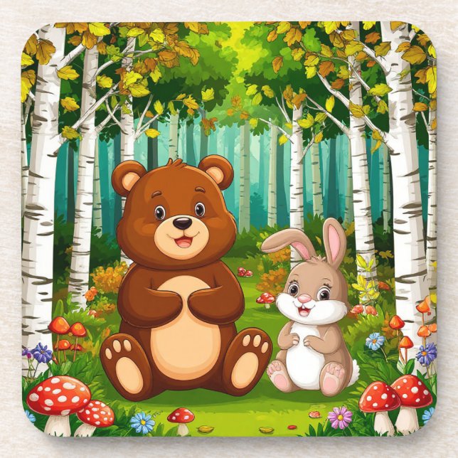 Cartoon Bear and Rabbit Sitting in a Lush Forest Coaster (Front)