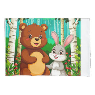 Cartoon Bear and Rabbit Sitting in a Lush Forest Pillowcase